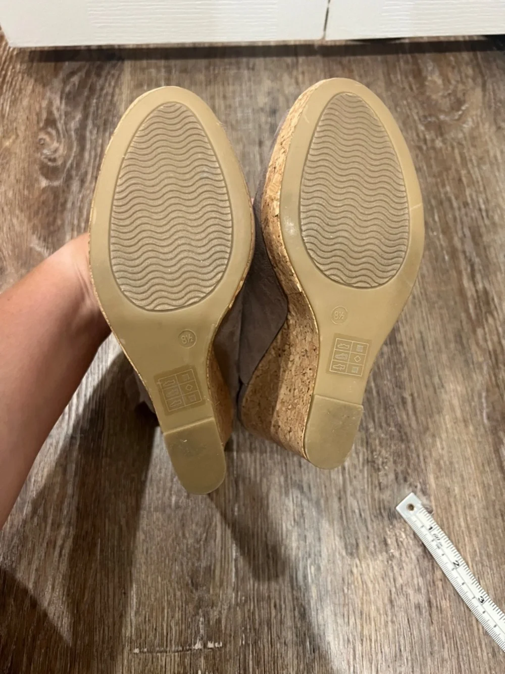 Audrey Brooke Taupe Suede Cork Wedge Slingback Sandals